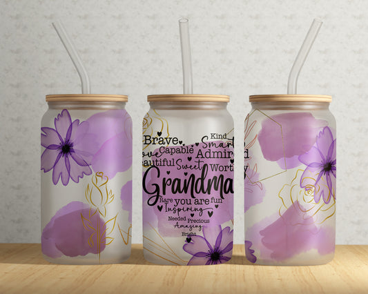 16 oz Glass Can Wrap, Grandma Affirmation Glass Can With Bamboo Lid & Straw