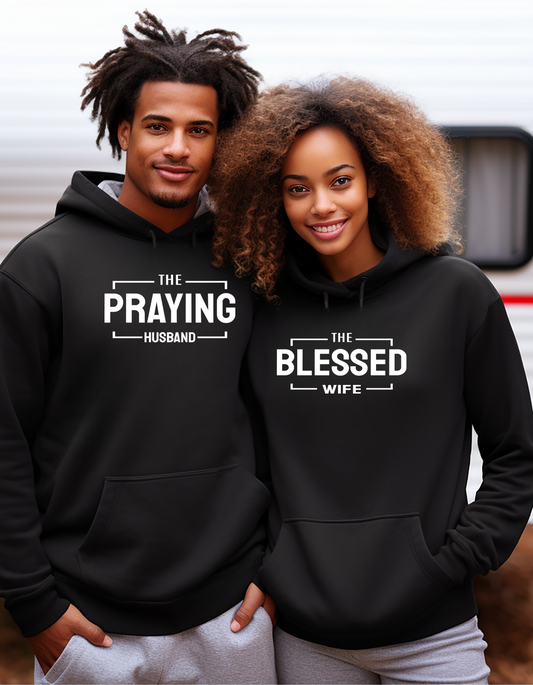 Praying Husband Blessed Wife Unisex Hoodie, Couples Matching Drawstring Sweatshirt