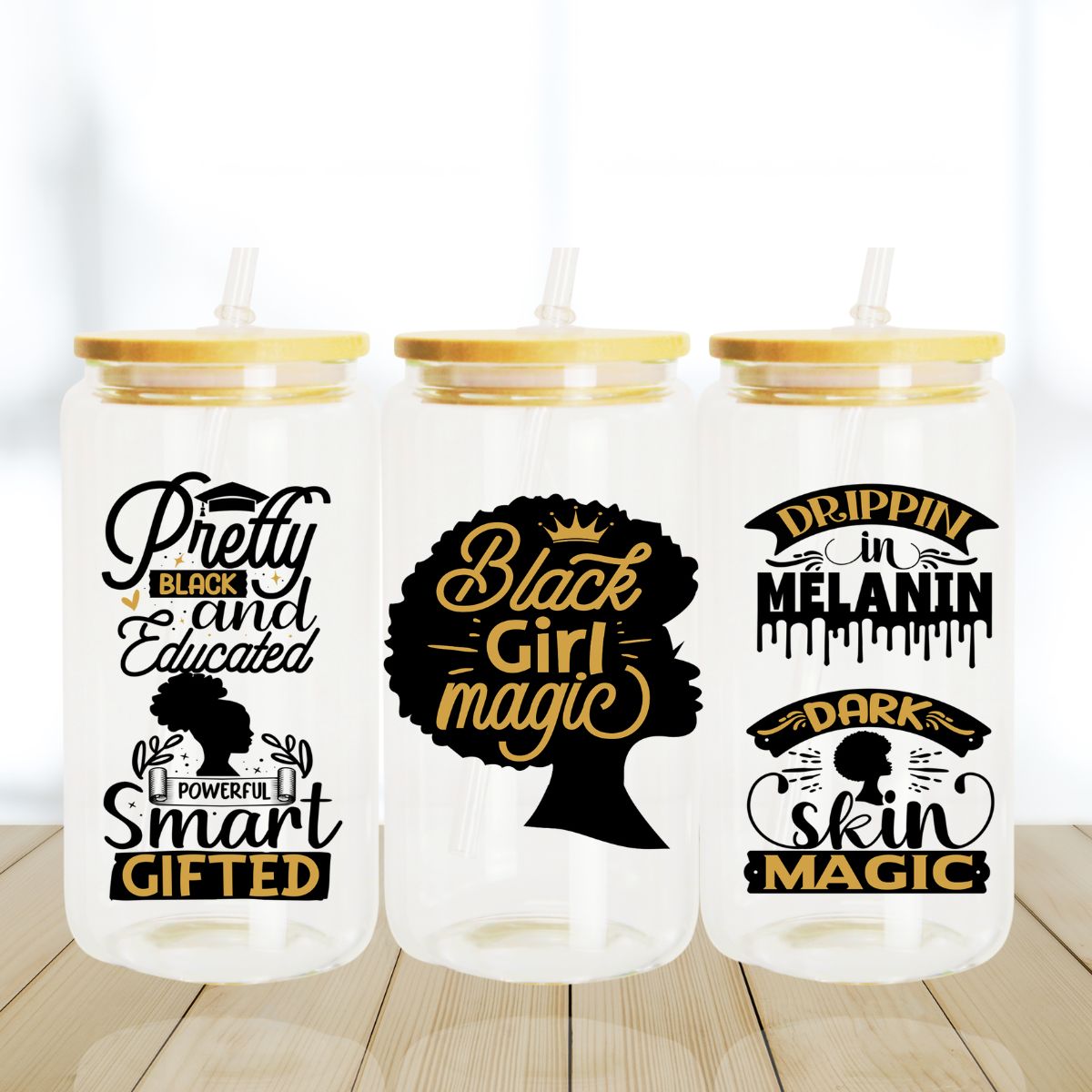 16 oz Glass Can Wrap, Black Girl Magic With Bamboo Lid