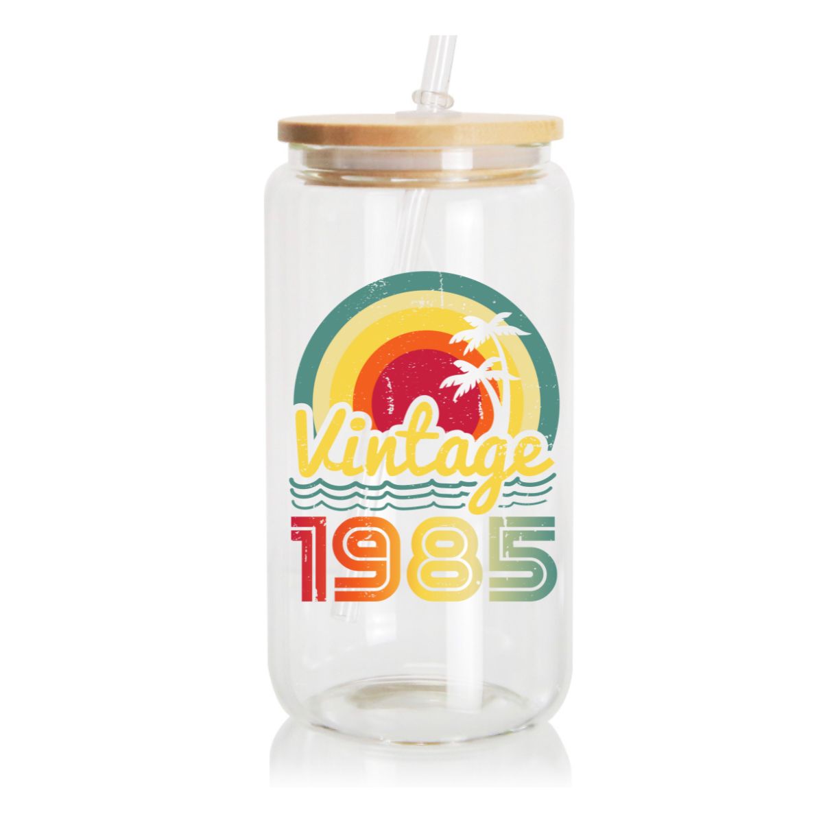16 oz Glass Can Wrap, Vintage Limited Edition Yearly With Bamboo Lid & Straw