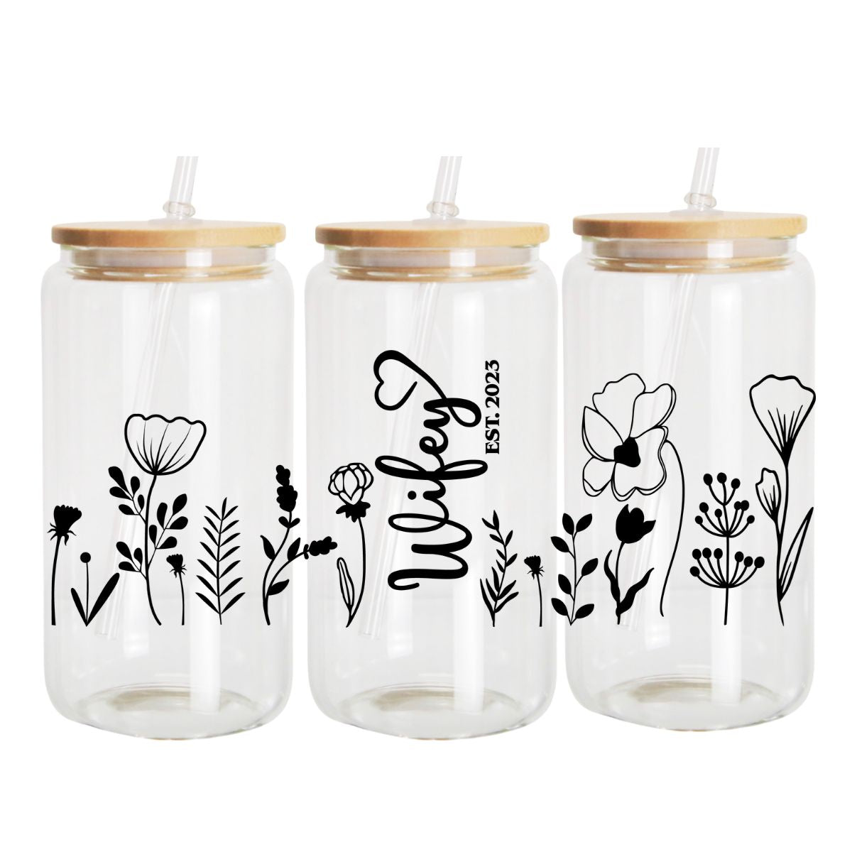 16 oz Glass Can Wrap Wifey Wildflowers