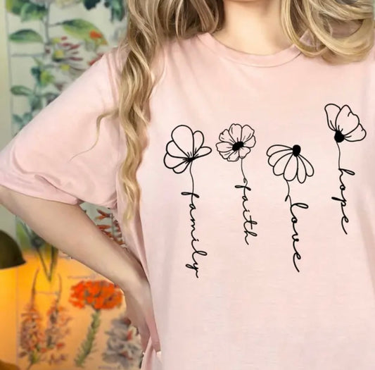 Family Faith Love Hope Floral Tee, Wildflower Christian Apparel