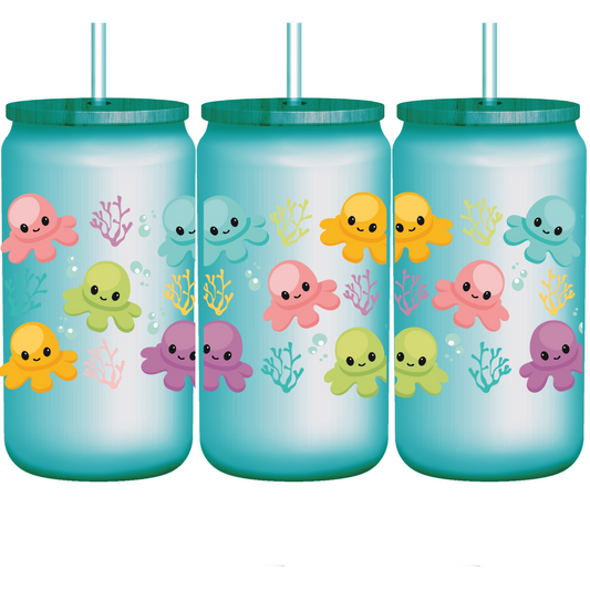16oz Glass Cup, Beer-Shaped Cup, Baby Octopus Design