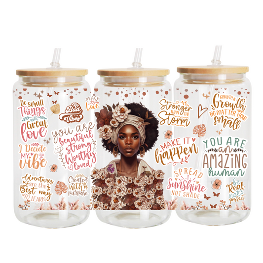 16oz Beer Can Glass Shaped, UV DTF Black Woman's Affirmation Wrap, Affirmation Design