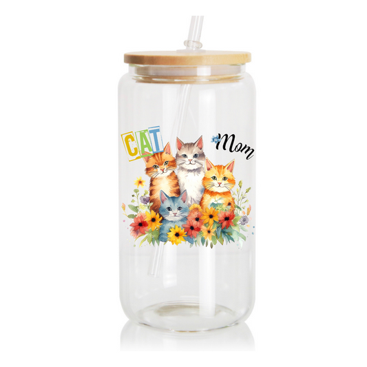 16oz Glass Cup, Uv DTF Cat Mom Decal