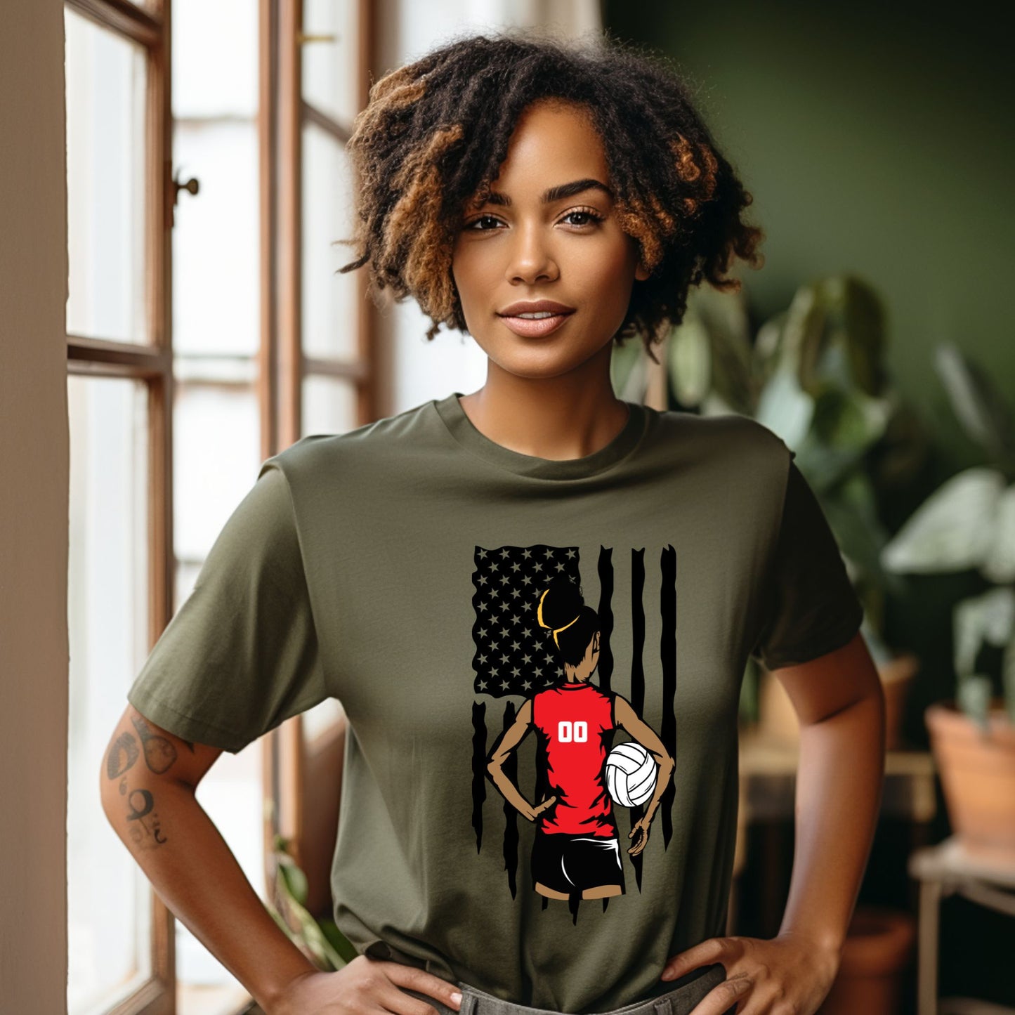 Volleyball Playersetter T-shirt, African America Volleyball Player Distress Flag Apparel, Distress USA Flag Shirt