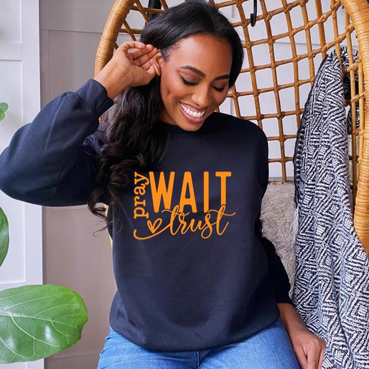 Pray Wait Trust Women's Unisex Crewneck Sweater, Christian Bible Verse Sweatshirt