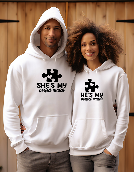 Perfect Match Couples Hoodie, Husband Wife Unisex Drawstring Sweatshirt