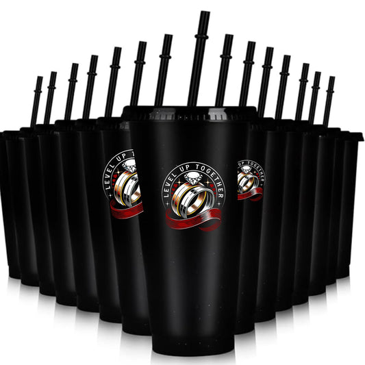 Level Up Together 24oz Reusable Cups With Lids & Straws, Plastic Tumbler Iced Coffee,