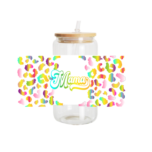 16oz Glass Cups Design, Mama Colorful Cheetah Print