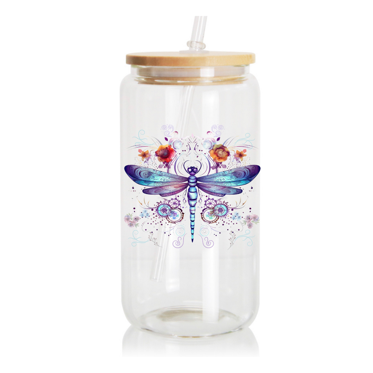 16oz Glass Cup, Dragonfly Decal Design, UV DTF Sticker