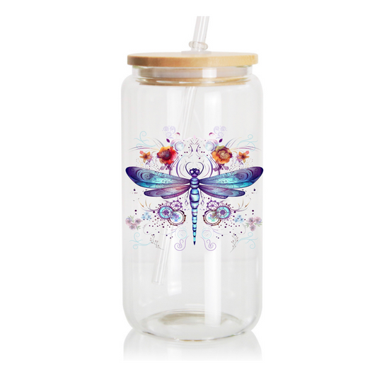16oz Glass Cup, Dragonfly Decal Design, UV DTF Sticker