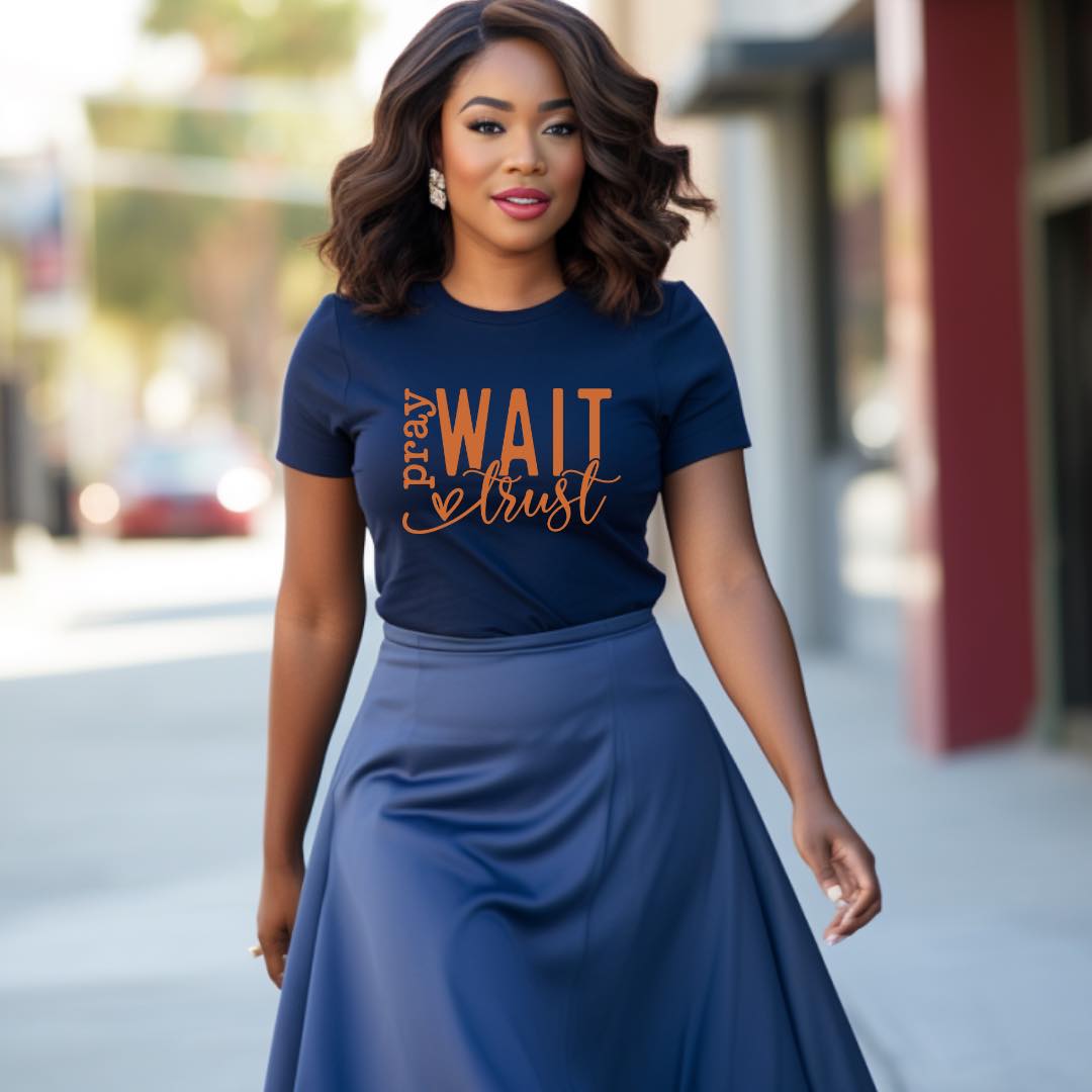Pray Wait Trust Short-sleeve T-shirt, Religious Apparel Shirts, Bible Verse Graphic Top