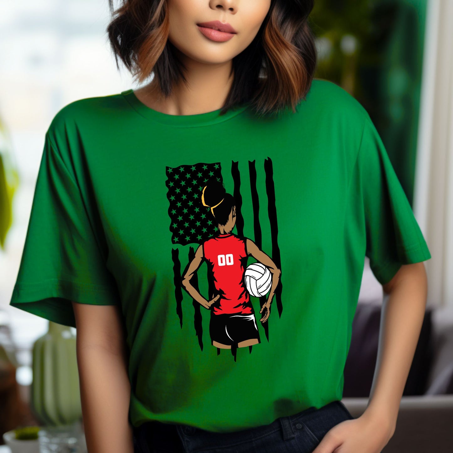 Volleyball Playersetter T-shirt, African America Volleyball Player Distress Flag Apparel, Distress USA Flag Shirt