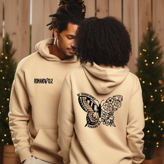 Romans 12:2 Butterfly Back Unisex Tan Hoodie