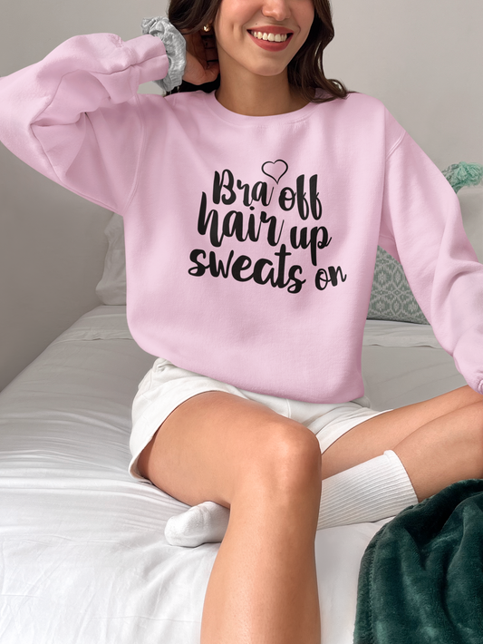 Women's Bra Off Hair Up Sweats On Sweatshirt, Unisex Pink Crewneck Sweatshirt