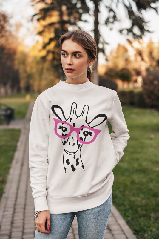 Giraffe with Pink Glasses Unisex Crewneck Sweatshirt, Animal Graphic Sweater
