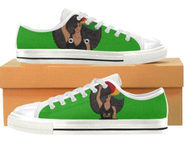 Low top canvas sneakers in green with afro-american woman featured on the side. White shoelaces and bottom sole, with a black lining on the sides.