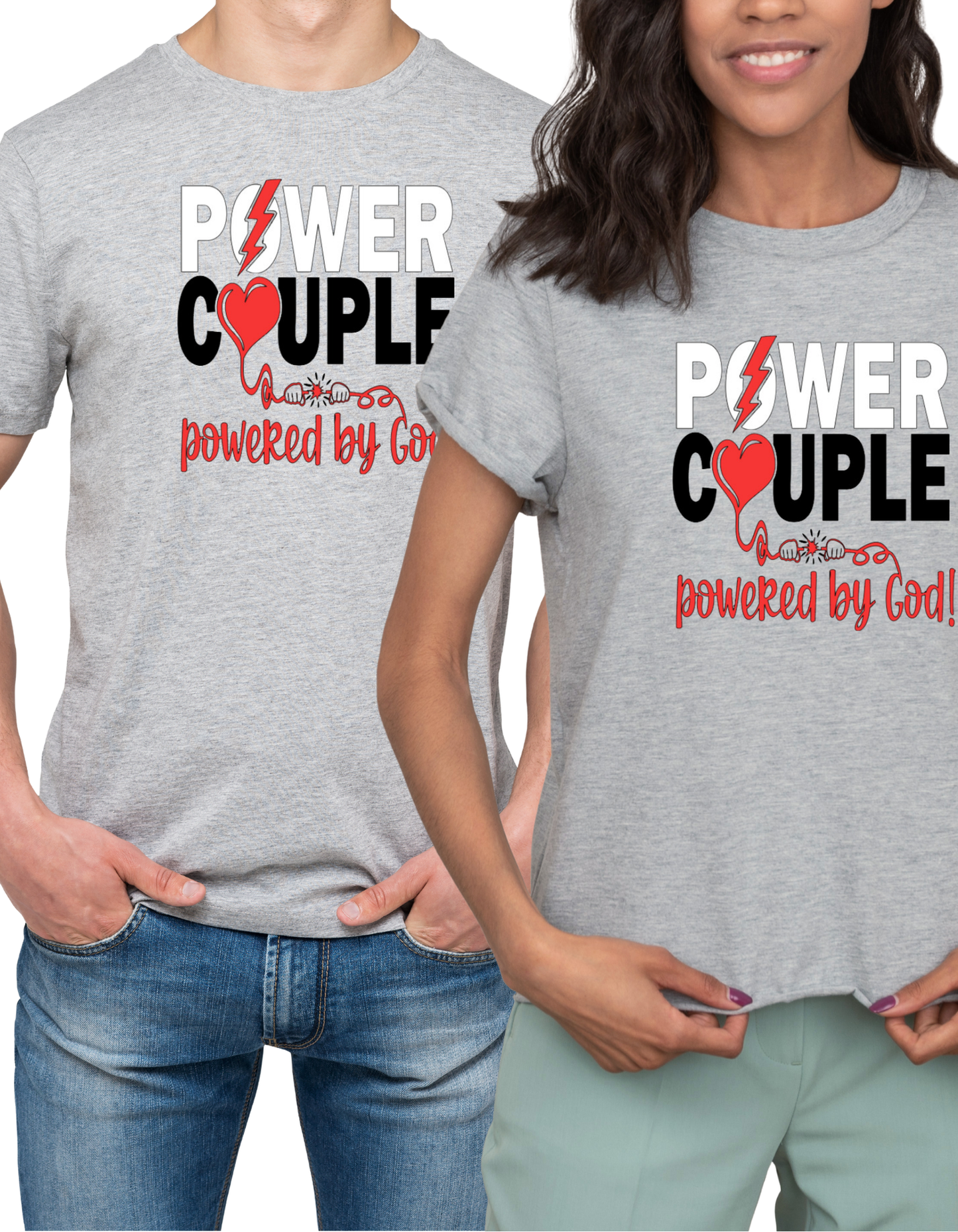 Powered By God, Power Couple T-shirts, Unisex Couple Conference Graphic Shirts, Marriage Ministry Apparel