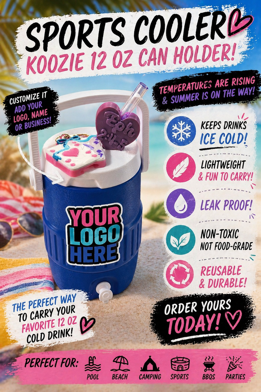 Koozie 12 oz can holder with customizable logo on a promotional poster.