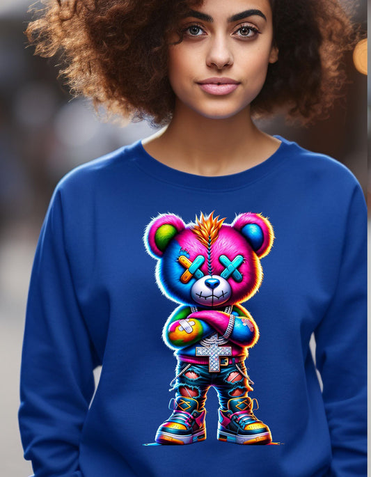 Psychedelic Teddy Bear Unisex Sweater-shirt , Colorful Stitch Bear Crewneck Hoodie Shirt