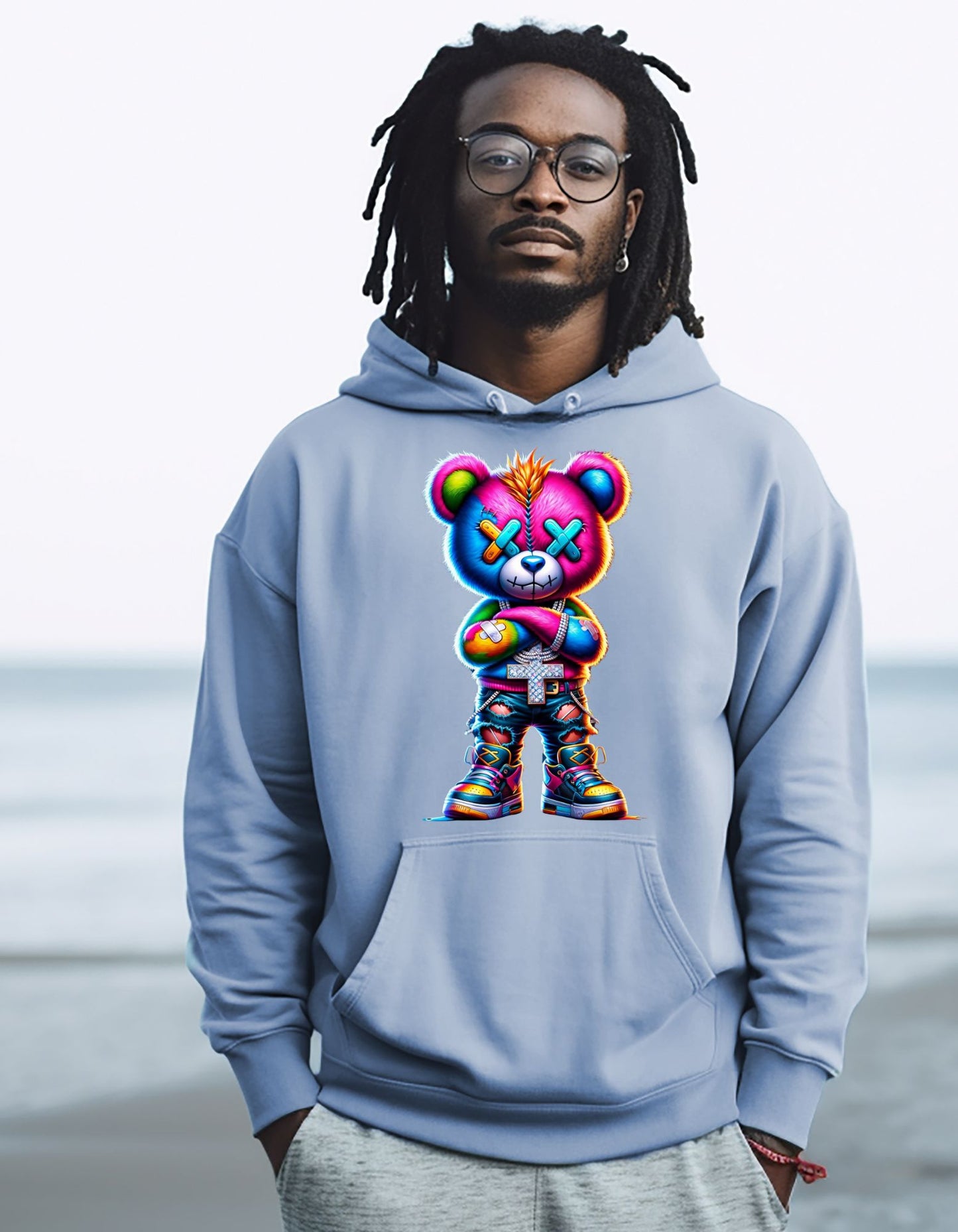 Psychedelic Teddy Bear Unisex Sweater-shirt , Colorful Stitch Bear Crewneck Hoodie Shirt