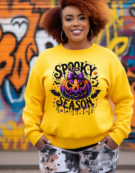 Retro Pumpkin Spooky Season Crewneck, Halloween Season Pumpkin & Bats Unisex Sweatershirt