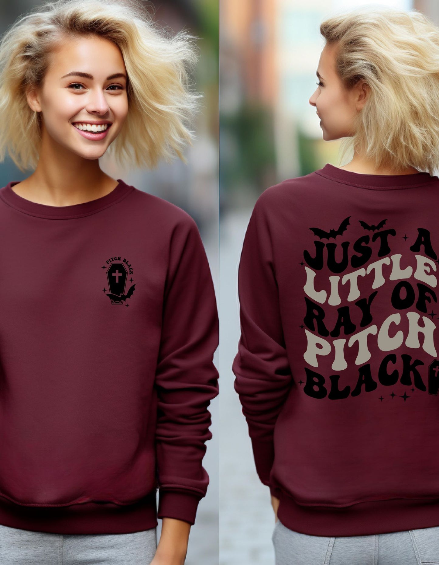 Just A Little Ray Of Pitch Black Sweater, Coffin & Black Bats Crewneck Sweatershirt, Unisex Front and Back Halloween Shirt