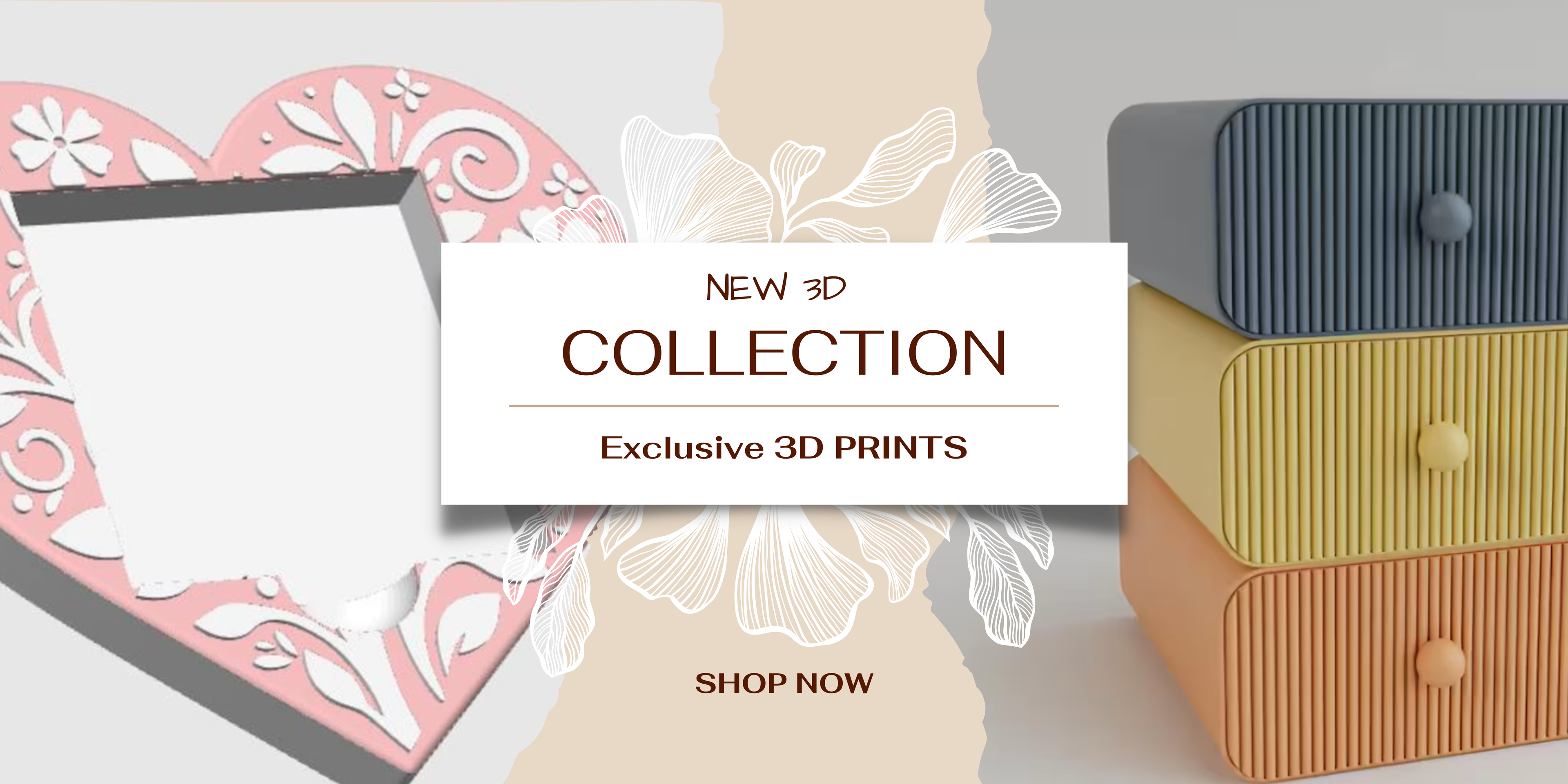 3D-printed furniture pieces with a promotional banner for a new 3D collection.