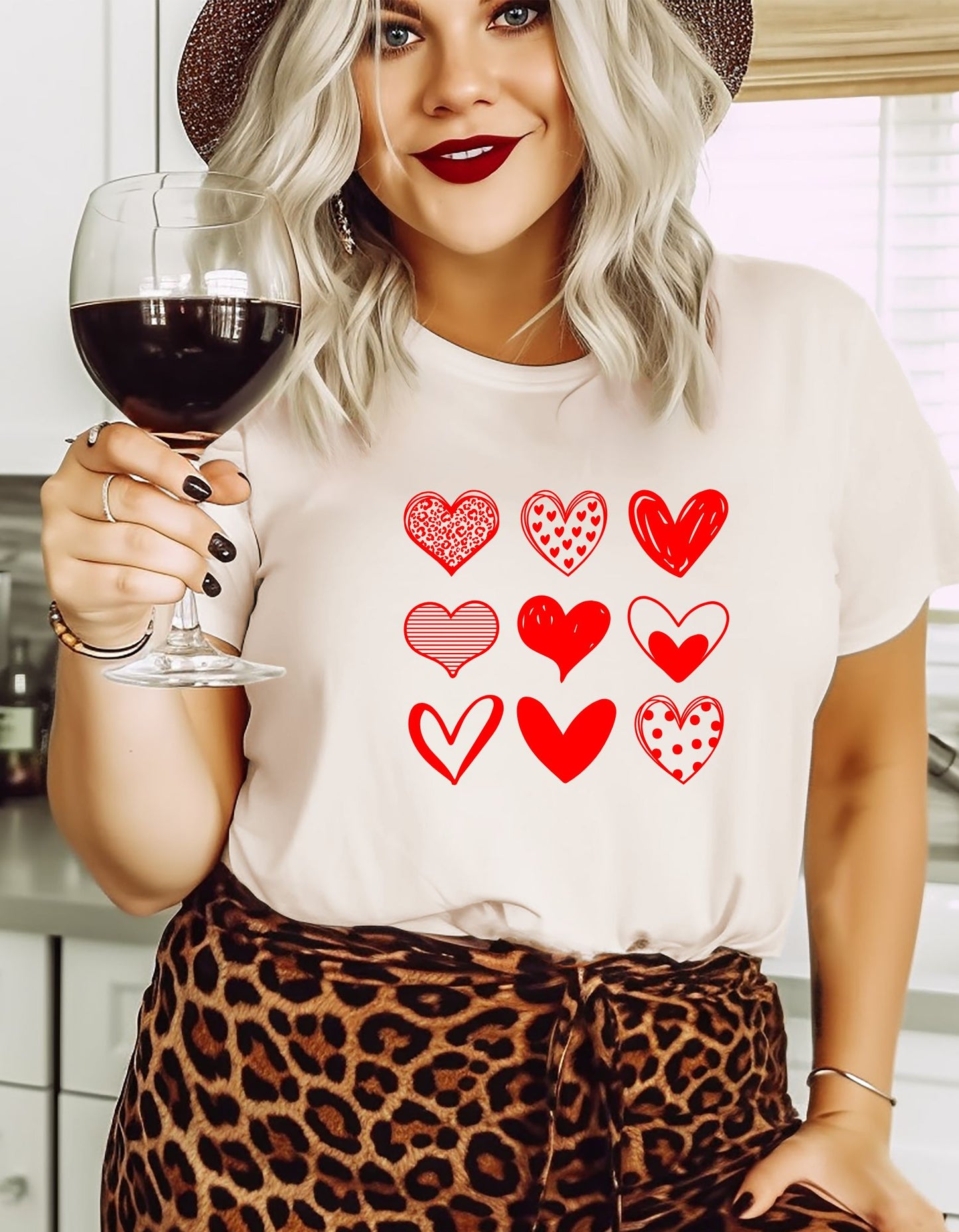 Casual Heart Print T-shirt, Valentines Shirt For Women, Cute Love Heart Tees