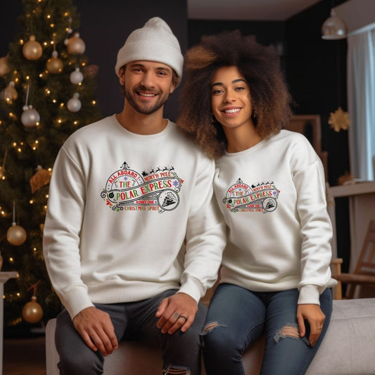 Polar Ride To North Pole Express Train Sweater, Unisex Crewneck White Comfy Sweatershirt