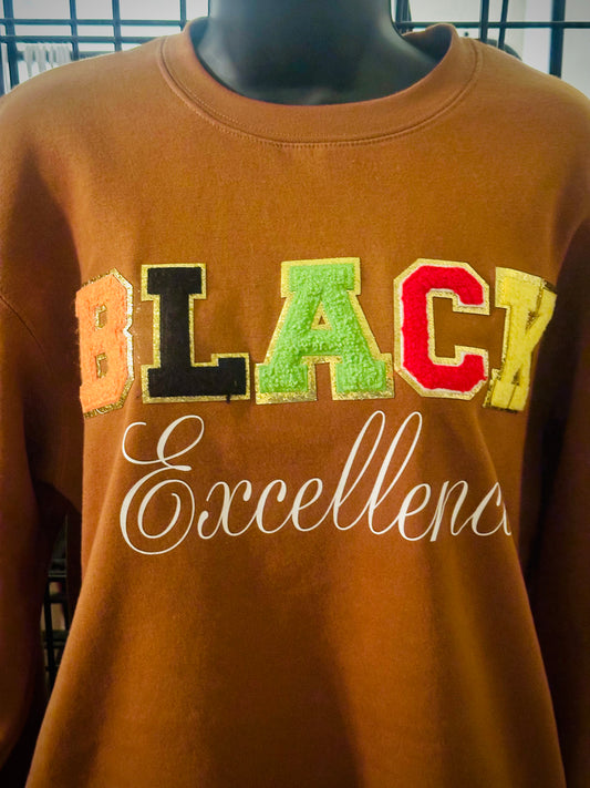 Black Excellence Crewneck Sweatshirt, Chenille Patch Black Excellence Long-sleeve