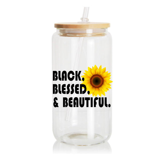 16 oz Glass Can Black Blessed & Beautiful With Sunflower