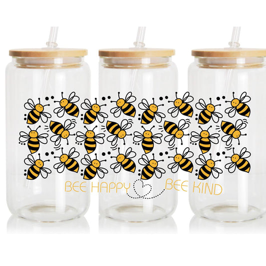 16 oz Glass Can Wrap, Bee Kind Bees, Honeycomb Bees