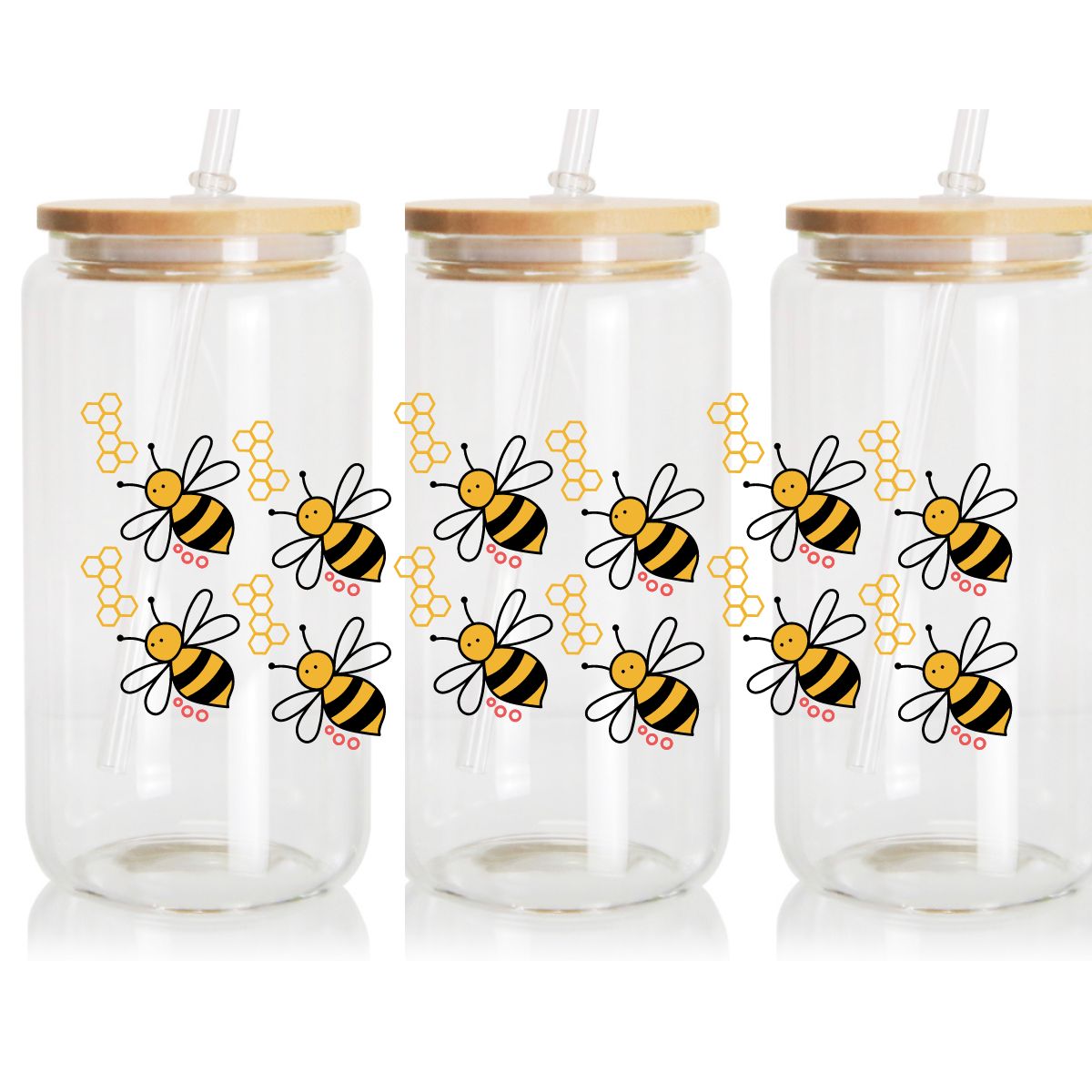 16 oz Glass Can Wrap, Bee Kind Bees, Honeycomb Bees