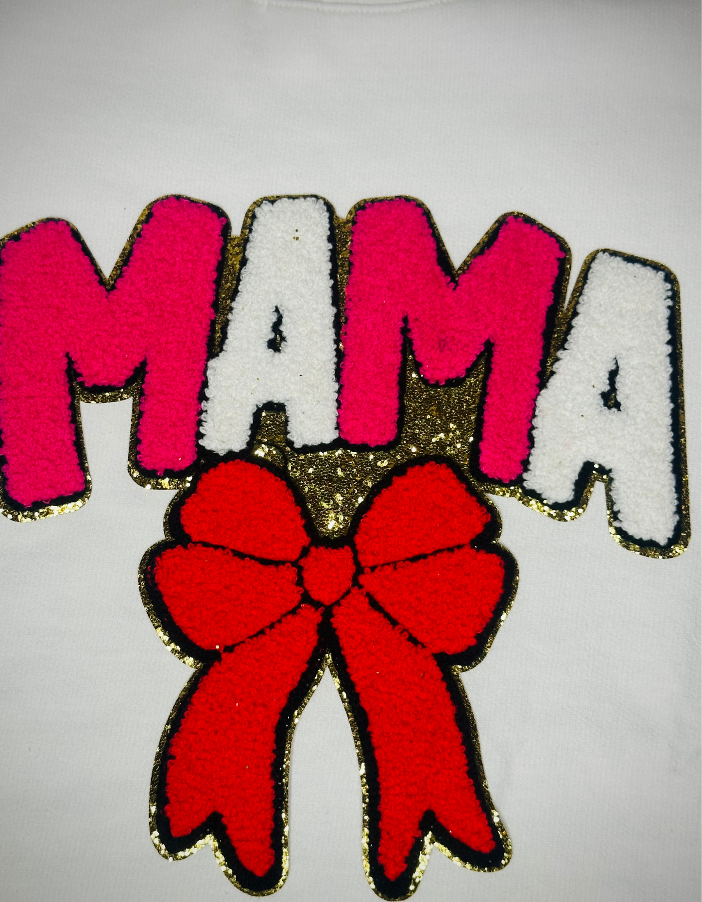 Regular Fit White Crewneck, Chenille Mama Patch With Bow