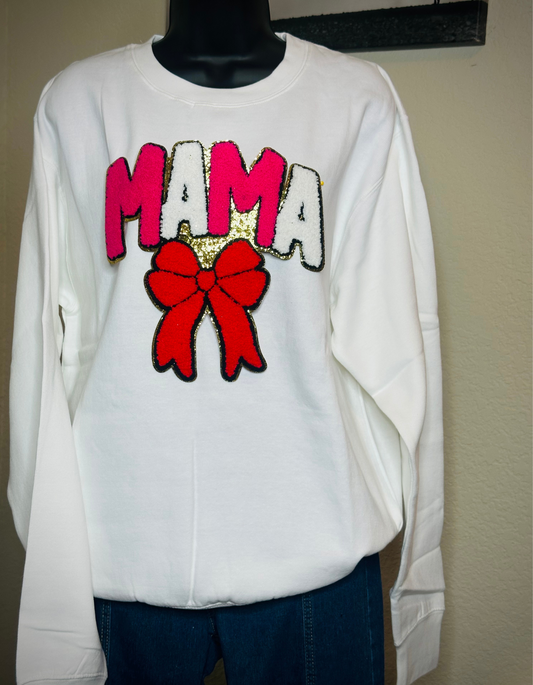 Regular Fit White Crewneck, Chenille Mama Patch With Bow