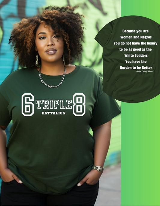 6888 Battalion shirt, 6TRIPLE8 print on front of green short sleeve shirt