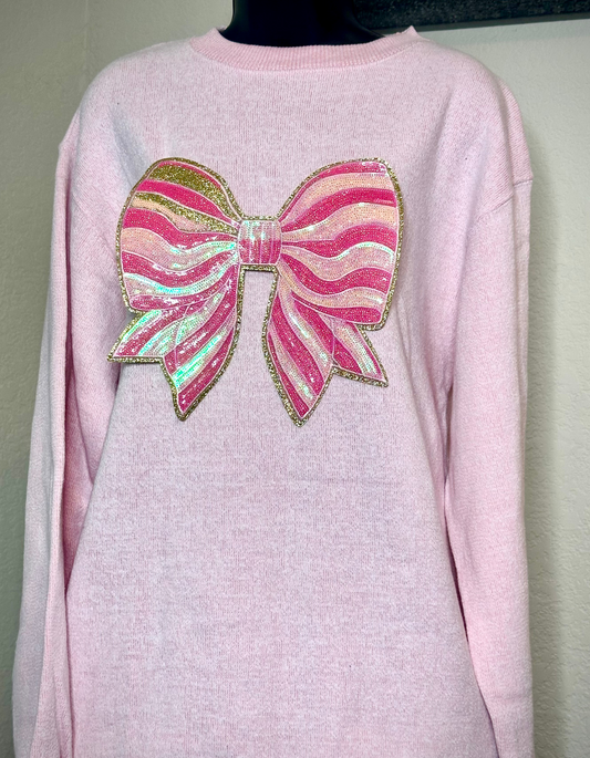 Valentines Day Coquette Sequin Oversized Fit Pink Sweater, Comfy Cotton Soft Sweatshirt