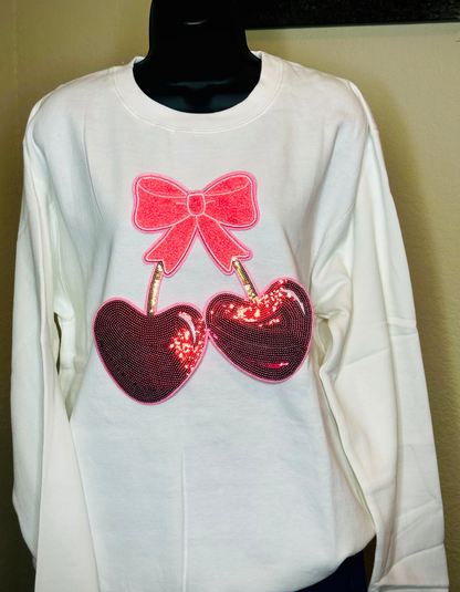 Sequin Coquette Cherry Bow White Crewneck Sweater, Valentines Cherry Bow Pullover