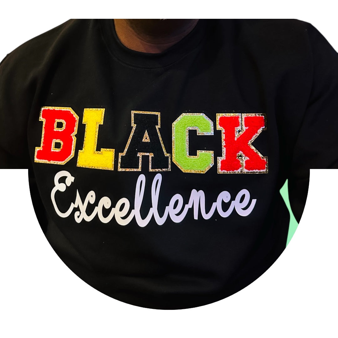 Black Excellence Crewneck Sweatshirt, Chenille Patch Black Excellence Long-sleeve