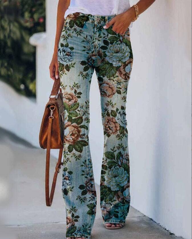 faux denim all overprinted carnation blue jeans, with flared bottom