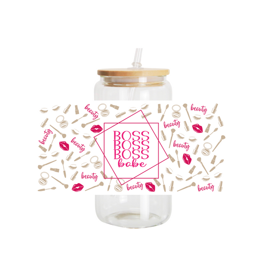16oz Glass Cup Uv DTF Boss Babe Wrap Decal