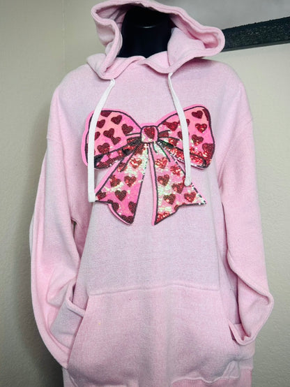 Coquette Bow Heart Cut Patch Hoodie, Oversized Pink Drawstring Hoodie