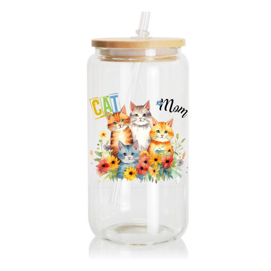 16oz Glass Cup,  Uv DTF Cat Mom Decal