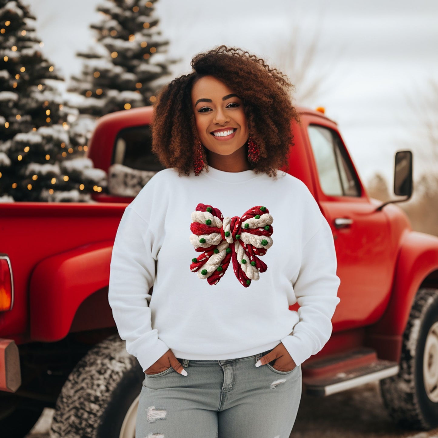 Christmas Bow Sweater, Faux Crochet Christmas Bow Crewneck