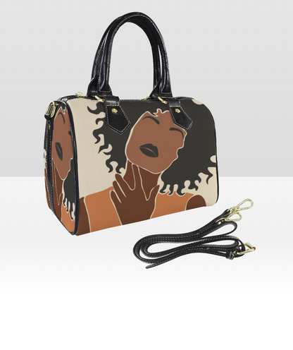 Leather bag featuring faceless african american woman