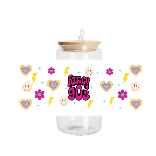 16oz Libby Glass Cup, Fancy 90s Smily Face Cup Wrap
