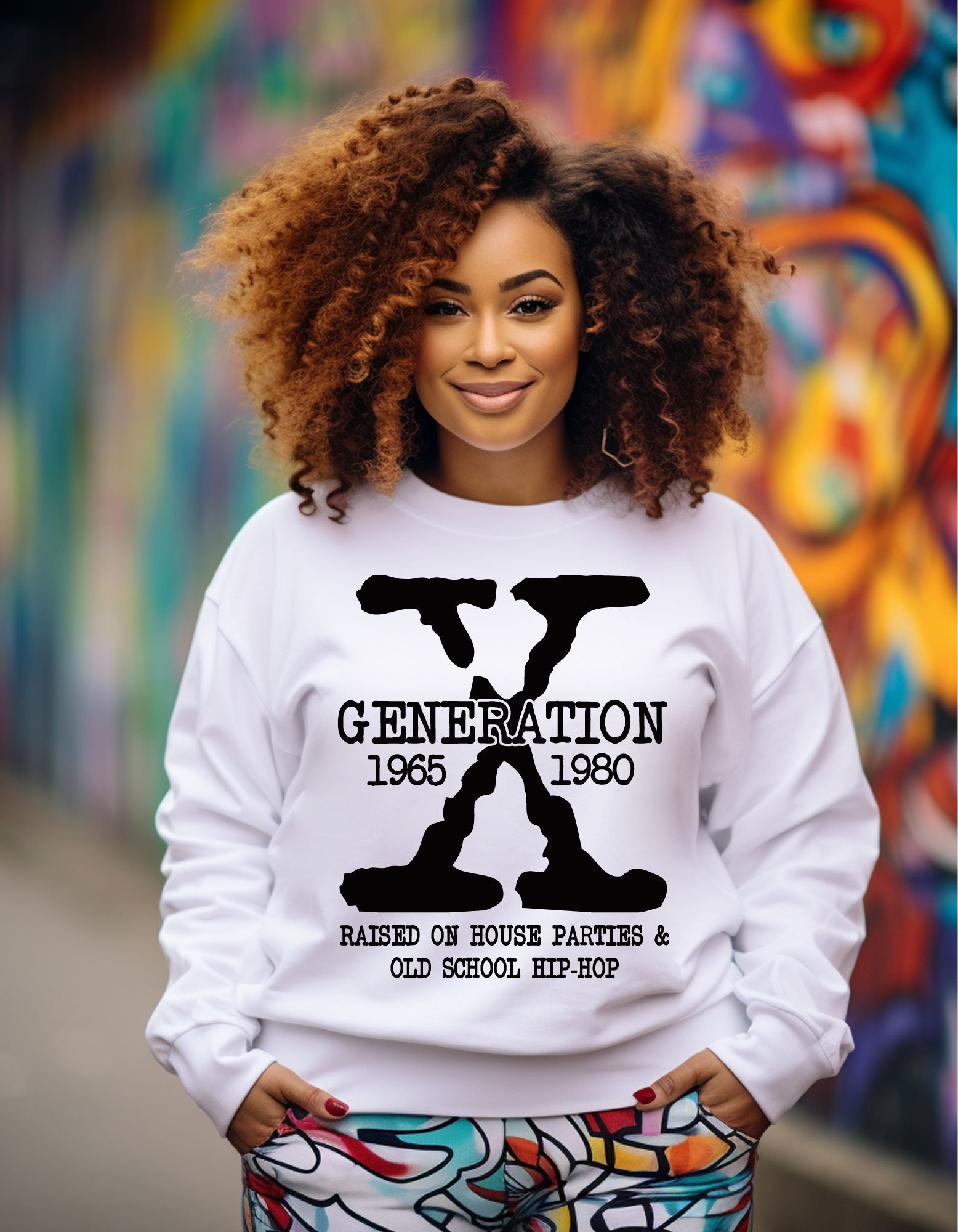 Black print white sweater, Gen x raised on house parties and old school hip-hop