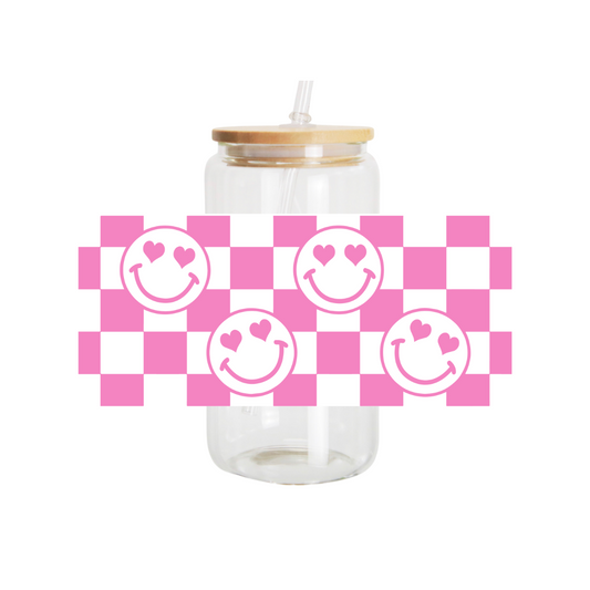 16oz Libby Glass, Hearty Smiles Checkered Cup Wrap Design